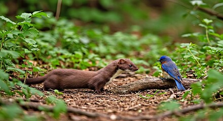 Obraz premium Intense Weasel Hunting Bird in Dense Forest Foliage