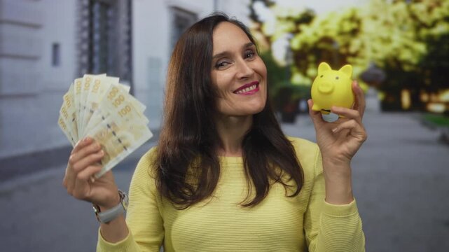 Woman holding swedish krona banknotes and a piggy bank outdoors in a street setting.