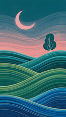 Vertical dreamy landscape with textured hills in pointillism, glowing crescent moon, and vibrant twilight hues—perfect for print design, wallpapers, or app backgrounds