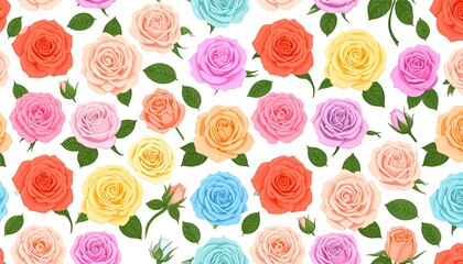 Seamless pattern of colorful roses on white background, perfect for fabrics