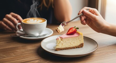 Enjoying a delicious slice of cheesecake with a steaming cup of coffee