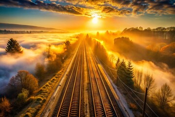 Golden Hour Railroad Tracks: Cold Metal, Damp Fog, Industrial Soundscape