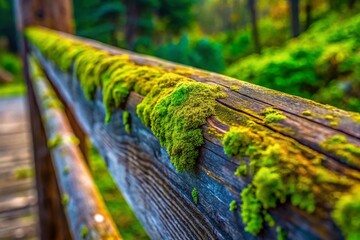 Rustic Wooden Rail with Vibrant Moss Close-Up - Nature Texture Stock Photo