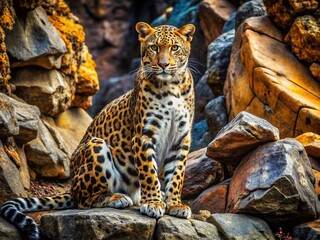 Serene Leopard on Jagged Rock: Stillness Amidst Chaos - Stock Photo