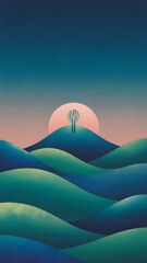Vertical dreamy landscape with textured hills in pointillism, glowing crescent moon, and vibrant twilight hues—perfect for print design, wallpapers, or app backgrounds.
