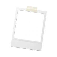 Blank white instant photo frame in Polaroid style with textured borders and beige masking tape, isolated on a transparent seamless background with ample copy space and no shadows, concept for vintage