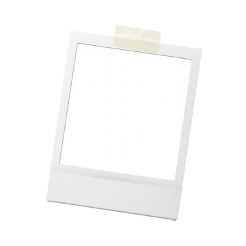 Naklejki Blank white instant photo frame in Polaroid style with textured borders and beige masking tape, isolated on a transparent seamless background with ample copy space and no shadows, concept for vintage
