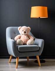 Cozy Teddy Bear in Armchair, Soft Lighting, Home Decor