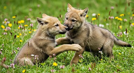 Fototapeta premium Adorable Wolf Puppies Engaging in Playful Roughhousing