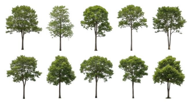 Ten diverse, healthy tropical trees with vibrant emerald leaves and dark trunks, varying shapes and densities, isolated on bright white studio background with soft shadows, ultra-realistic high-angle