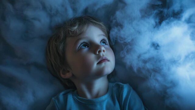 A young boy is peacefully dreaming under a starry night sky, with mist or smoke surrounding his bed. This  captures the innocence and imaginative world of children's sleep.
