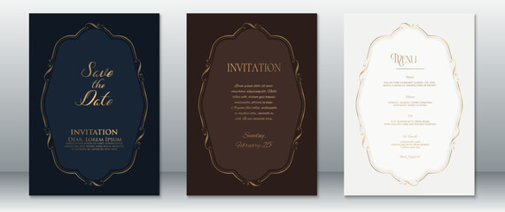 Elegant vintage-inspired wedding invitation set with ornate gold frames. Includes Save the Date, Invitation, and Menu cards on deep navy, rich dark brown, and soft cream backgrounds.