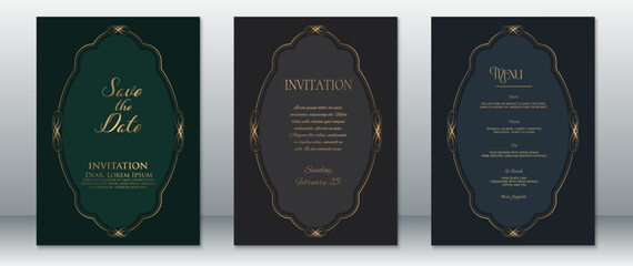 Luxurious wedding invitation set with vintage oval frames and elegant gold accents. Includes Save the Date, Invitation, and Menu cards designed on deep green, charcoal grey, and navy background.