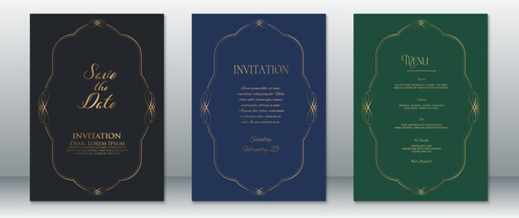 Premium wedding invitation set featuring ornate gold curved frames on sophisticated black, navy blue, and deep green backgrounds. Includes Save the Date, Invitation, and Menu cards.
