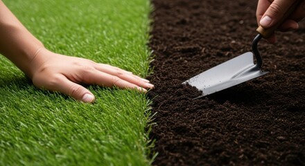 Human hand touching lush green grass next to dark soil being dug with a trowel