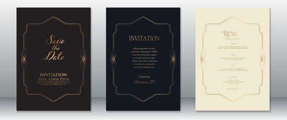 Elegant vintage wedding invitation set with sharp-edged gold frames on classy black, deep navy, and ivory cream backgrounds. Features Save the Date, Invitation, and Menu cards.