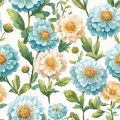 Watercolor Floral Pattern Featuring Large Blue and White Flowers in a Seamless Arrangement