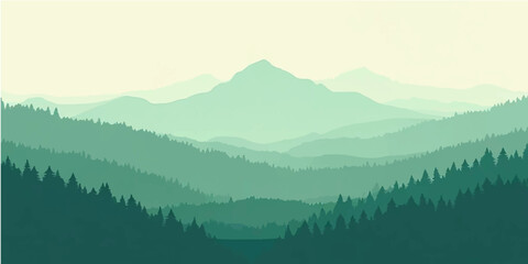 Morning fog settles in a mountain landscape with a fiery sunrise over the forest