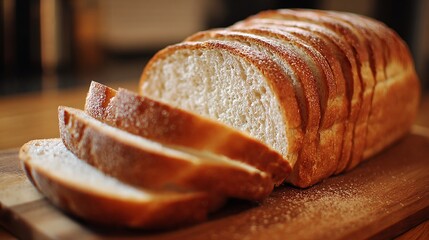 Freshly sliced loaf of white bread resting on a wooden board