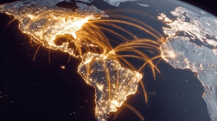 Illuminated South America and North America with Digital Connectivity Lines on Earth at Night