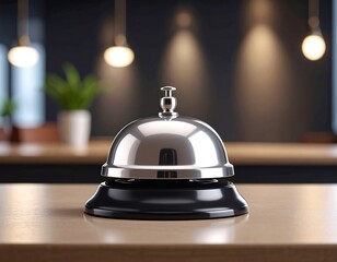 A silver service bell on a wooden reception desk in a modern hotel lobby. Hospitality and customer support concept.