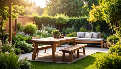 Obraz premium Serene outdoor dining setting in a lush garden with wooden furniture and sunlight