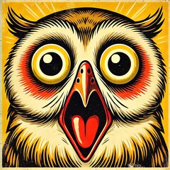 A vintage-style illustration of an owl with wide, surprised eyes and an open mouth revealing a bright red tongue