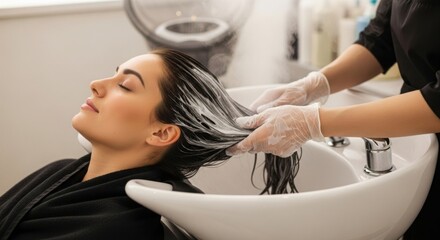Woman receiving hair treatment and massage at a salon