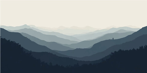 Blue morning sky with a misty forest and mountain peaks on the horizon © Ashraful