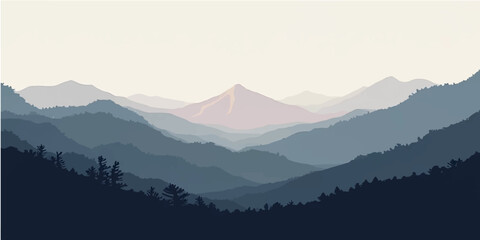 Misty mountain peaks at sunrise, with clouds and fog filling the valley below