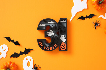 Halloween 31 October composition filled with spooky ghosts, bats, webs, and pumpkins on vibrant...