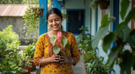 Young woman smiling holding a potted plant in a lush green garden