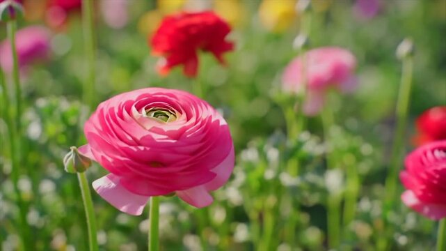 Pink ranunculus flower close-up. Delicate layered petals. Lush garden floral photography.