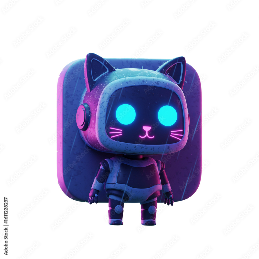 Poster a futuristic robot cat character stands in a rain-like environment with glowing eyes and a friendly 