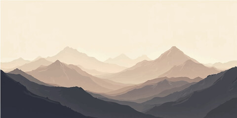 Morning sunrise over mountain peaks with misty hills in the distance