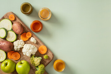 Wooden board with fresh vegetables, green apples, and colorful jars of puree on a pastel green surface. Features broccoli, cauliflower, carrots, potatoes, zucchini. Healthy baby food concept.