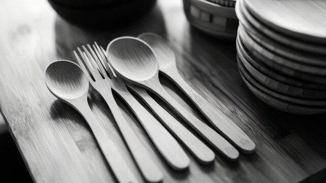 Wooden set of spoons and cutting board on table
