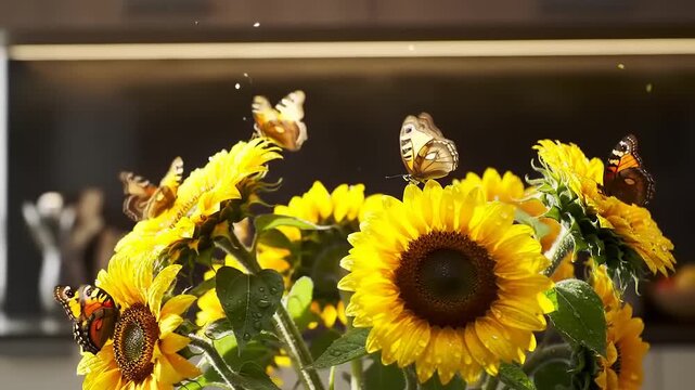 Butterflies flitting amongst vibrant sunflowers
