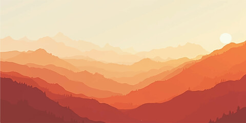 Misty mountain landscape with a fiery sunrise and a valley blanketed in fog