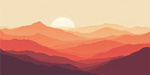 A serene mountain landscape with a fiery sunset and wisps of fog blanketing the valleys