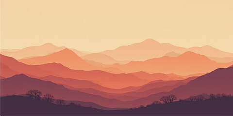 Morning sunlight silhouettes the misty mountain peaks and valleys in a breathtaking dawn landscape