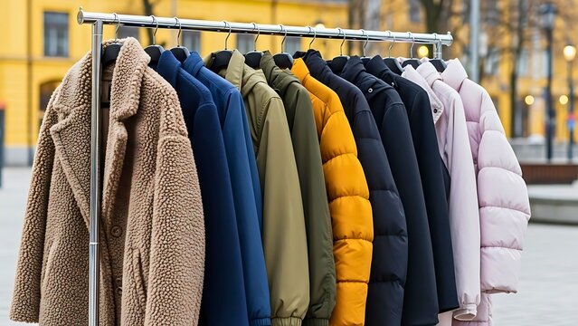 An assortment of colorful winter jackets and warm coats hanging on a clothing rack outdoors in a city street