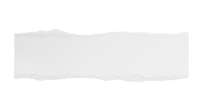 Bright white torn paper strip with jagged edges and visible fibers, isolated cleanly on a transparent studio background with abundant copy space, presented with shadowless lighting blank canvas