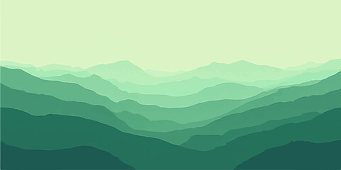 Layered green mountain hills blending into the mist under a glowing sky