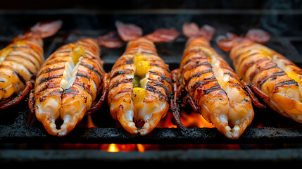 detail shot of grilled sea bass fins, highlighting texture, Assorted delicious grilled meat with vegetable over the coals on a barbecue