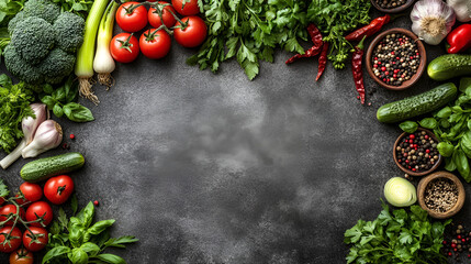 frame of organic food. fresh raw vegetables with black beans. on a black chalkboard, Seasonings, vegetables, fruits and foods on dark background. view from above.