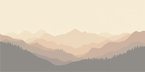 Morning mountain landscape with foggy hills and misty sunrise sky