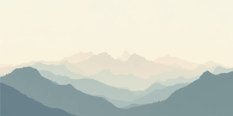 Pastel mountain silhouette in soft teal and cream tones under sunrise fog