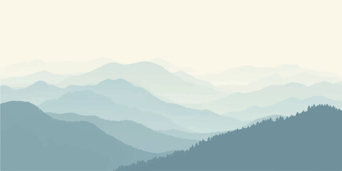  Gentle layered mountain silhouettes fading into soft blue morning fog