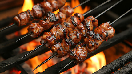 Shashlik or shish kebab prepared on barbecue grill over hot charcoal with grilled vegetables. Grilled pieces of pork meat on metal skewers, Savory Shashlik Cooked to Perfection on Charcoal
